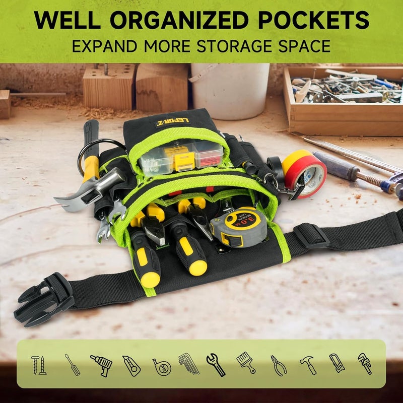 LEFORZ Tool Belt,Magnetic Tool Pouch,14-Pockets Tool Belts for Men,Detachable & Adjustable Tool Pouch belt for Electrician,Carpenter,Construction,Work Apron,Utility Belt,Black-Green - Image 5